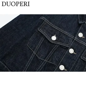 Women’s Blue Denim Jacket with Pockets 5 DUOPERI Women Fashion Denim Blue Single Breasted Jacket Lapel Neck Long Sleeves With Pockets Female Chic Lady Casual Outwear 5