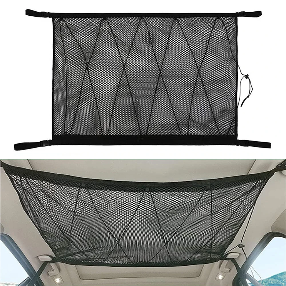 Car Ceiling Roof Interior Cargo Zipper Net Universal Storage Net Bag Sundries Organizer Adjustable Mesh Pocket For Van SUV