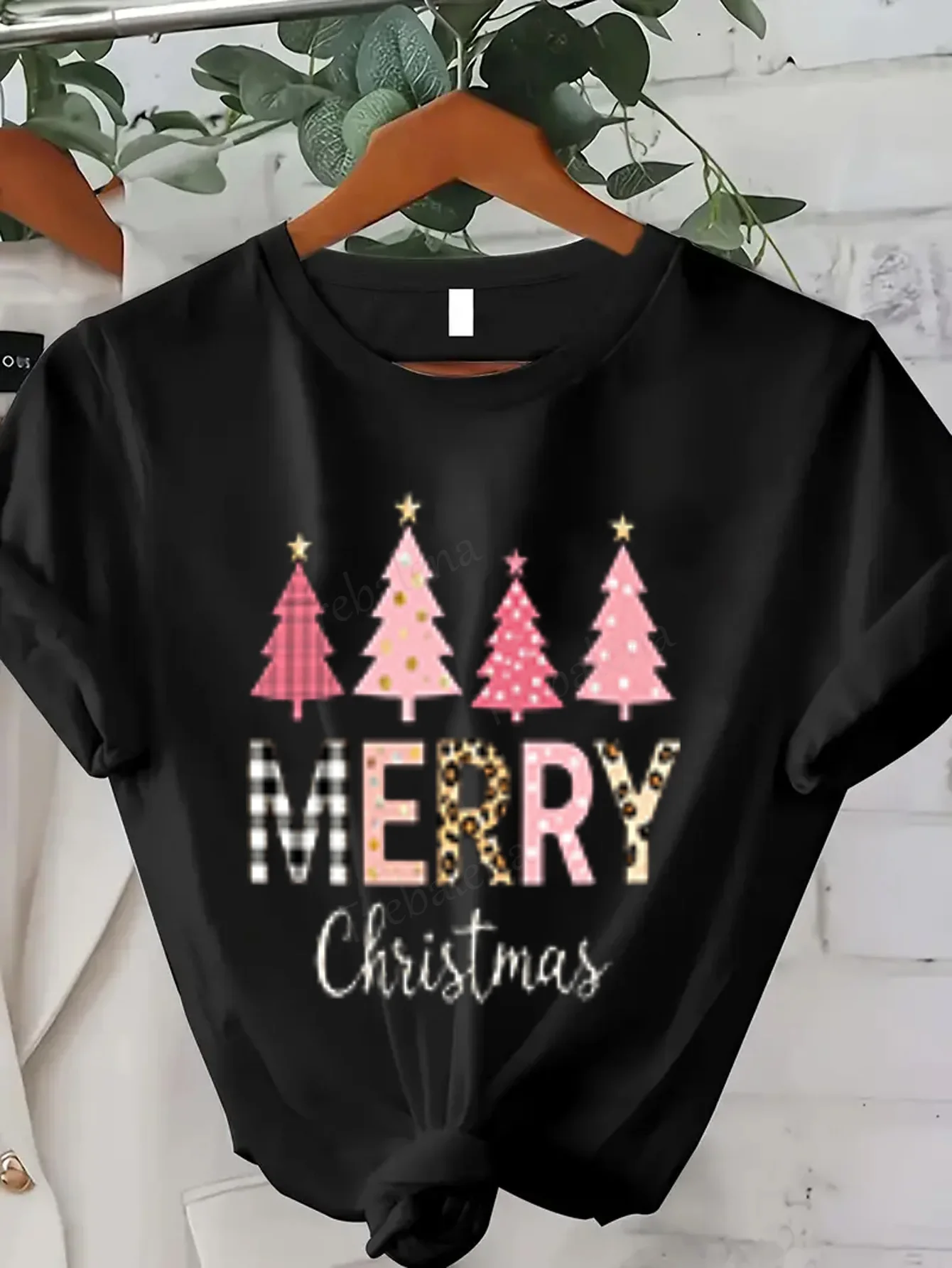 Women T-shirt Merry Christmas Pink Trees T-Shirt for Women