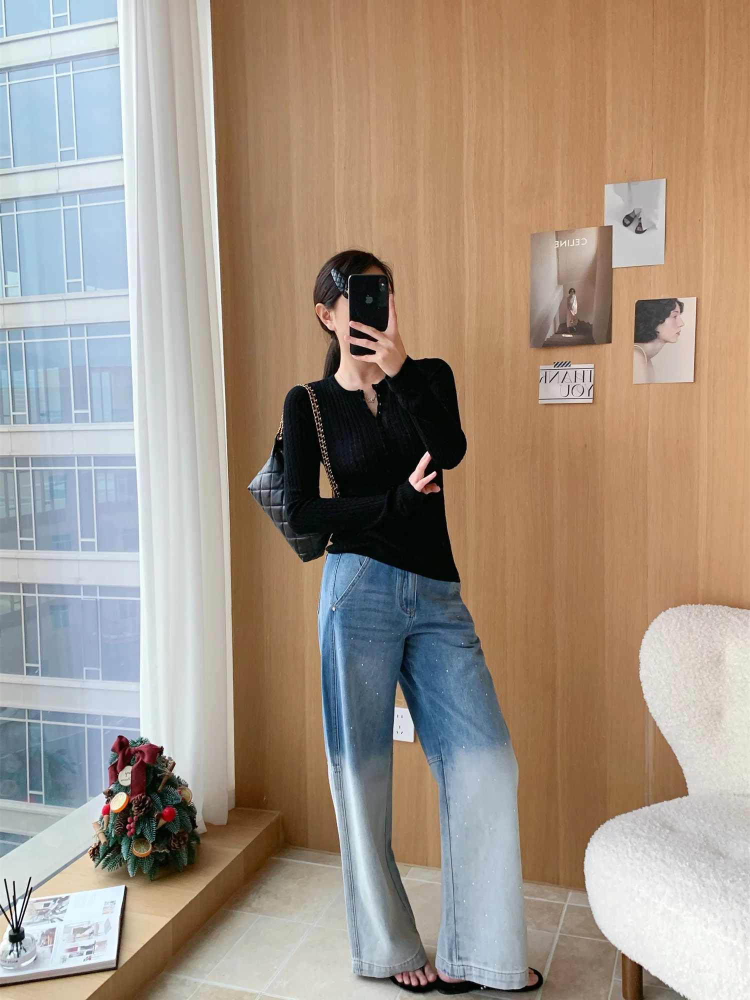 

Waed adient Rhinestone Wide Leg Jeans Faionable Experience Flipped H Straight Cut Micro Stretch l Waist...