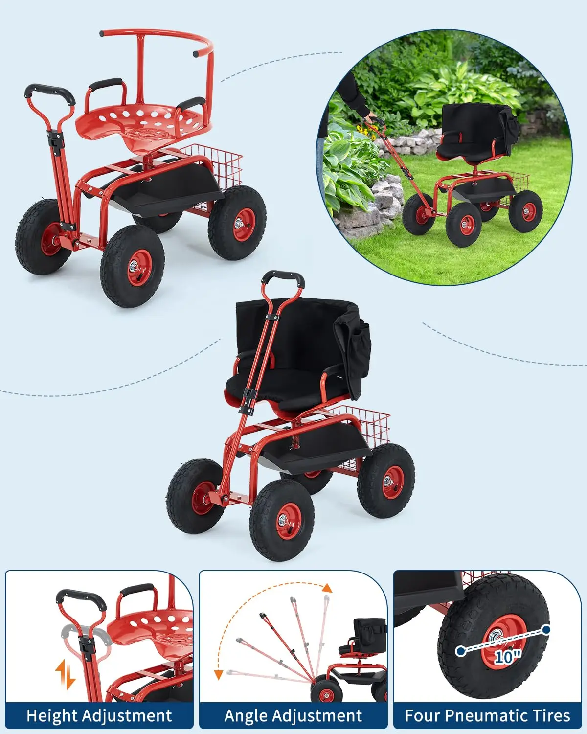 Heavy Duty Garden Cart Rolling Work Seat, 360° Swivel Garden Scooter With 10in Pneumatic Tires, Tool Tray, Storage Basket, 300LB