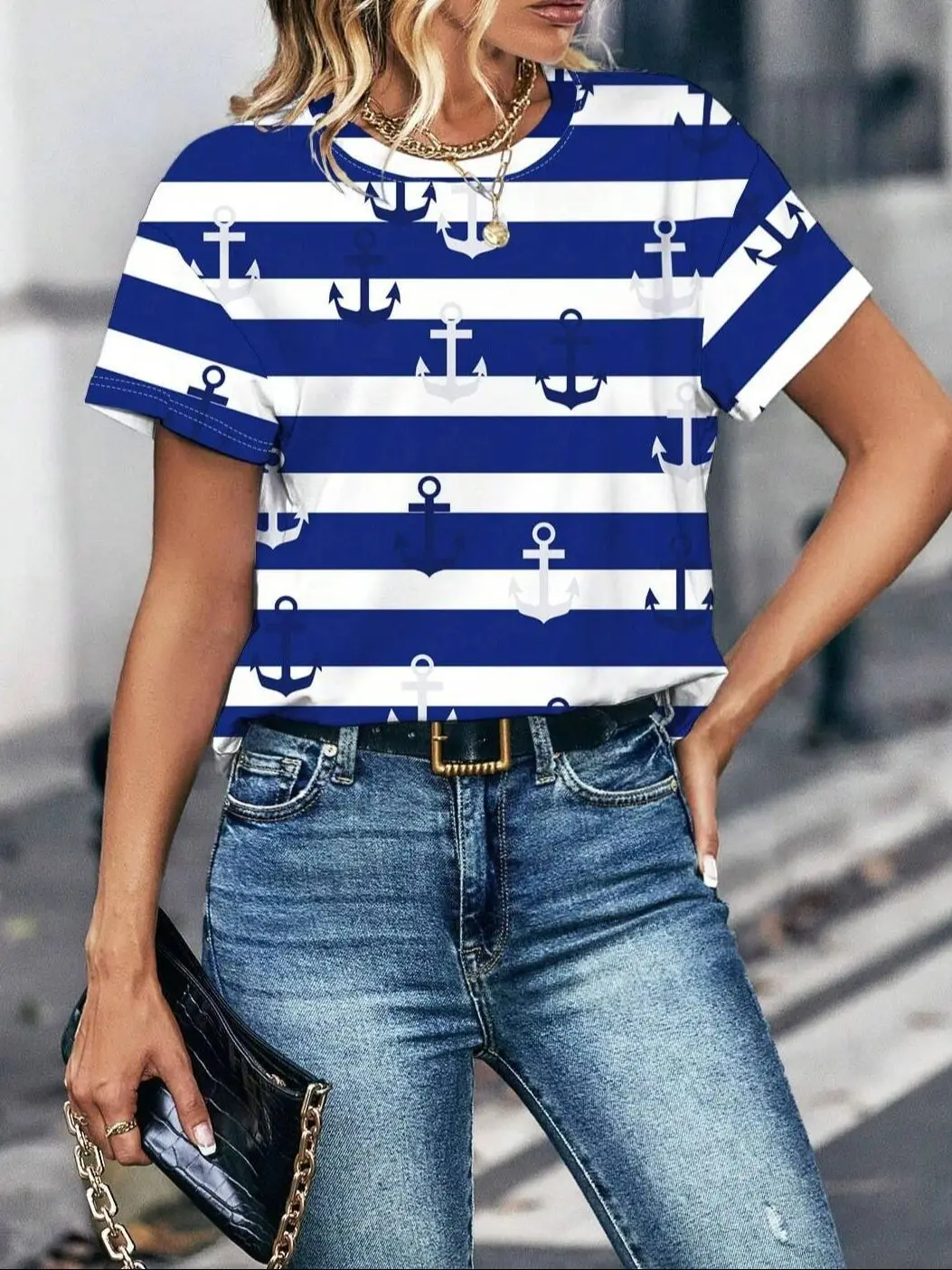 Damen Gestreiftes Ankerdruck Rundhals Lässiges Kurzarm-T-Shirt Sport Basic T-Shirt Herren T-Shirt Sommeroberteile