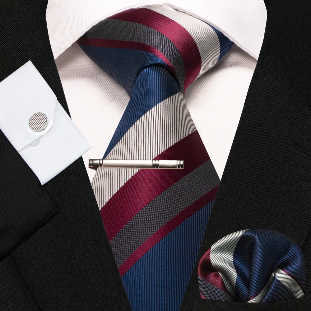 KAMBERFT Neue Klassische Seidenkrawatte für Herren Rot-Gold Gestreift Herrenkrawatte Taschentuch Manschettenknöpfe Set Hochzeit Business Party Gravatas – Detail 30