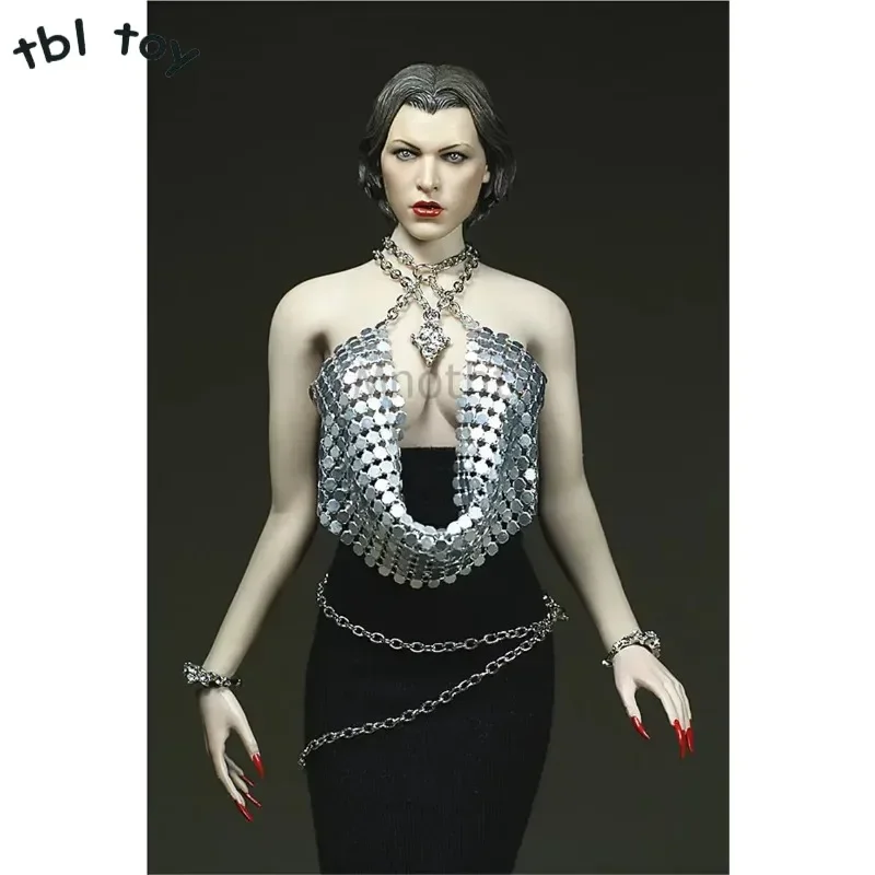 1/6 Scale Female Soldier Clothes Set Silver Corset Diamond Silver Necklace Black Buttock Dress for 12