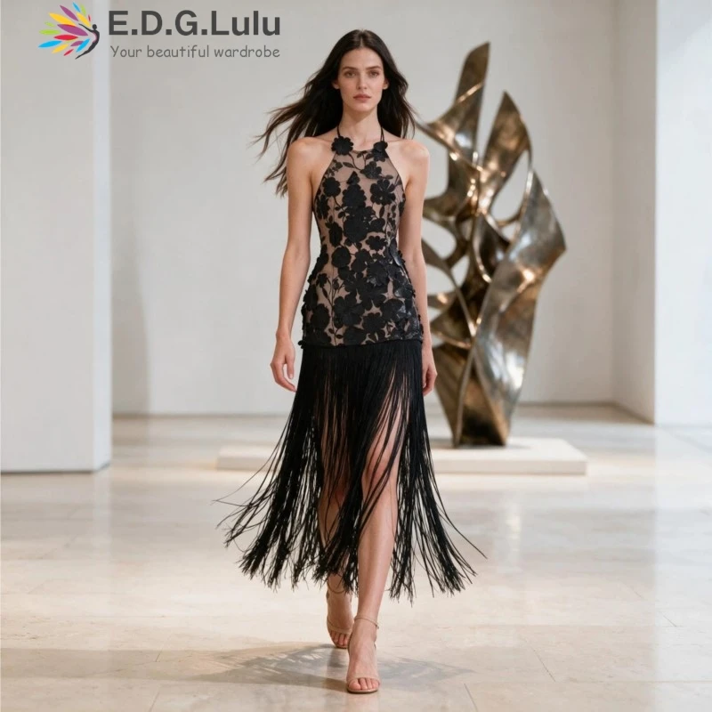 EDGLuLu Drawstring Lace-Up Backless Elegant Party Dresses Design Design 3d Floral Patchwork Tassel Long Dresses 0903