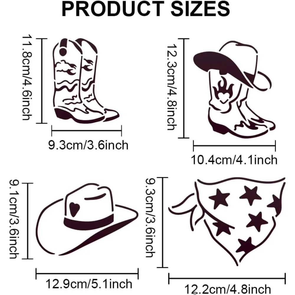 2pcs Cowboy Boots Hats Stencil 11.8×11.8inch Western Cowboy Theme Template with Paint Brush Reusable Cowboy Scarf Drawing