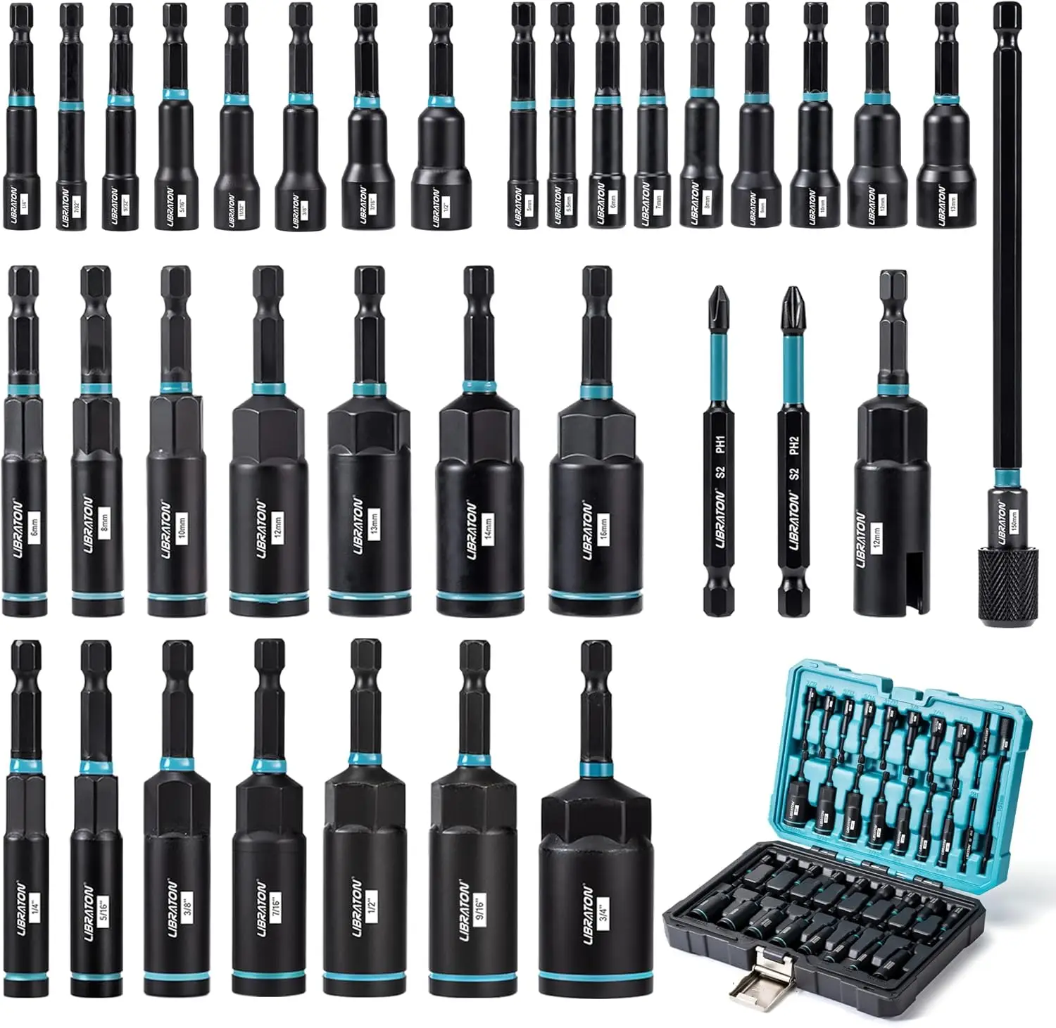 

35PCs Magnetic Nut Driver Set, Impact Drill Bits with Metric & SAE Sizes, Quick-Release Holder in Toolbox