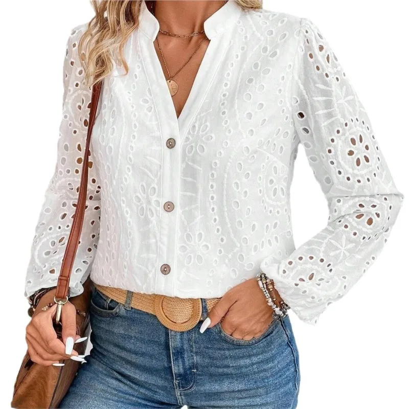 2024 Spring/Summer Fashion Casual Shirt Women\'s White Splicing Hollow Embroidery Loose Stand up Collar Long Sleeve Shirt Women\'s