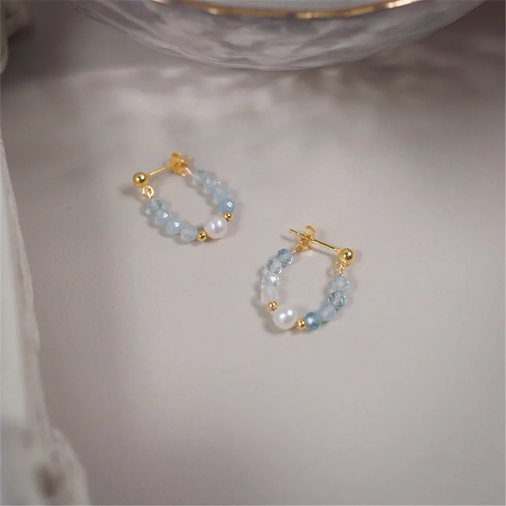 Ins Niche Design Natural Faceted Aquamarine Pearl U-shaped Earrings Sweet Women Ear Studs Romantic Exquisite Party Jewelry