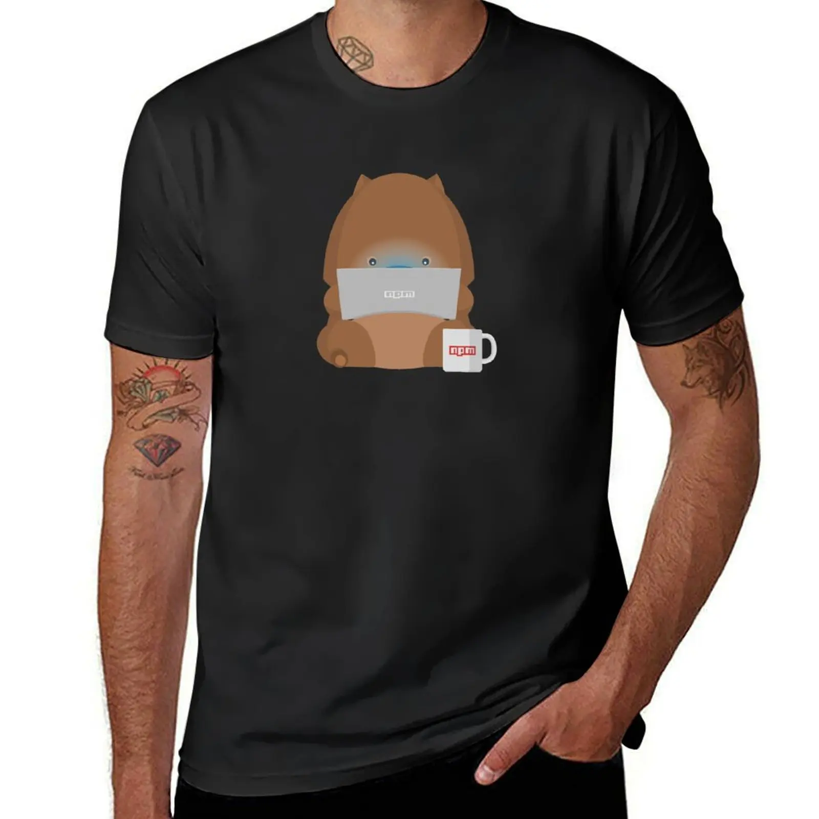 NPM: Wombat with laptop and a cup of coffee (Black background) T-Shirt aesthetic clothes cute clothes cotton t shirt men