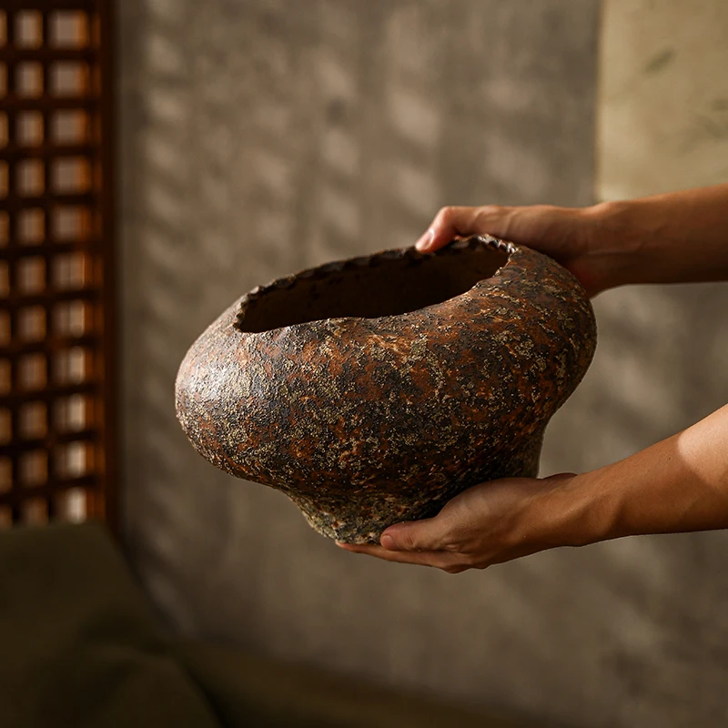 

Retro ceramic vase, old coarse pottery flower pot, handmade flower ware, special ornament for living room desktop