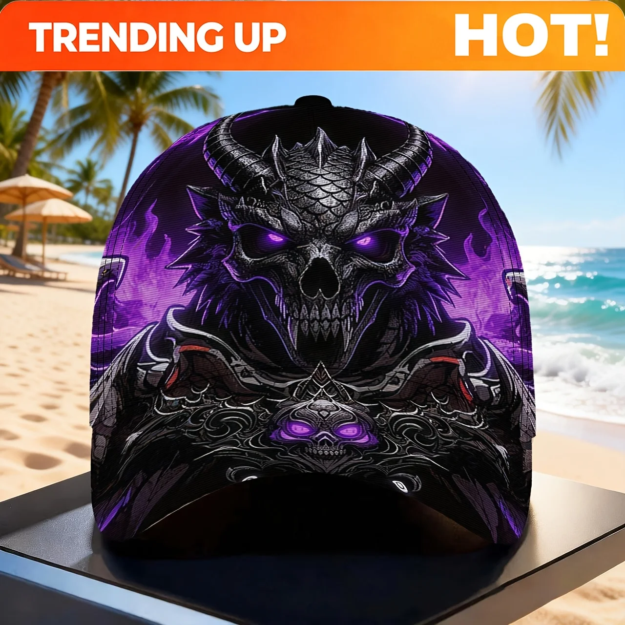 Customization Dragon Skull Baseball Cap With Glowing Purple Eyes & Scale Texture - Adjustable Snapback, Structured Front Panel,