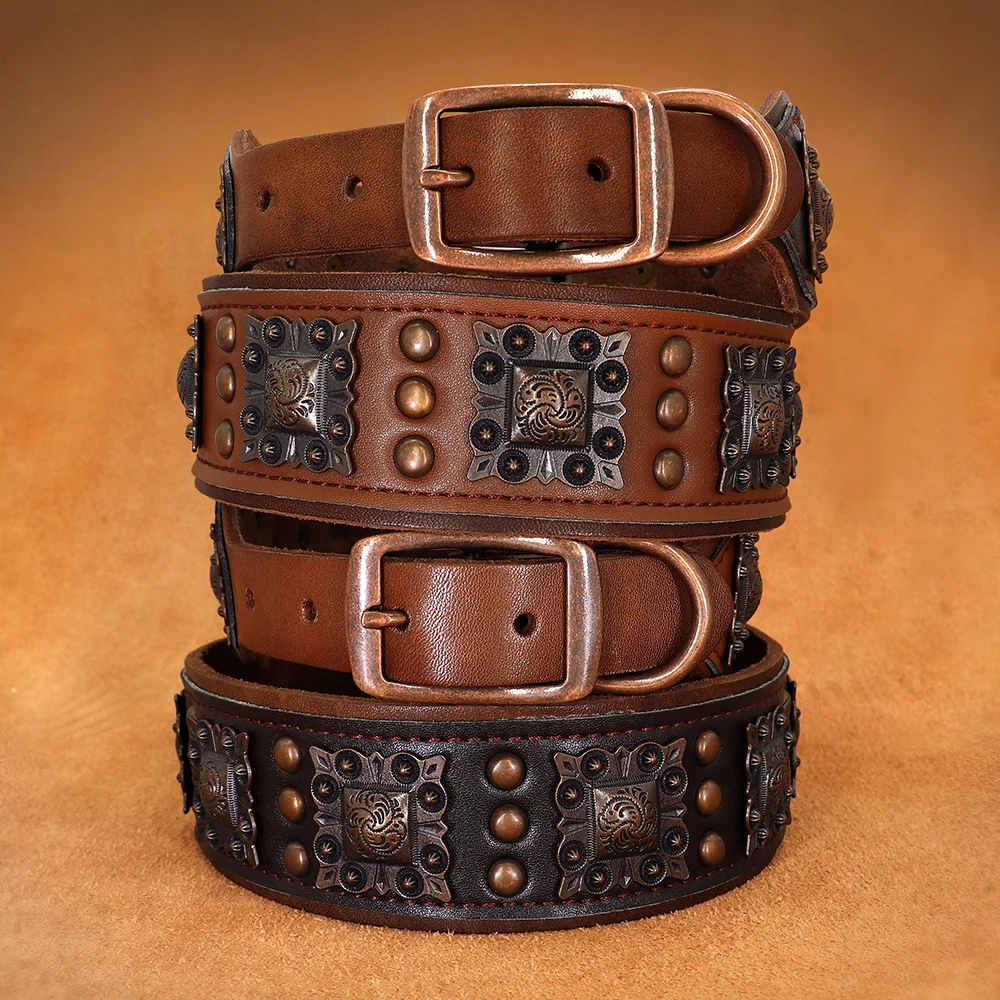 Luxury Genuine Leather Dog Collar for Big Dogs Wide Real Leather Dog Collars for Medium Large Dogs Pitbull German Shepherd