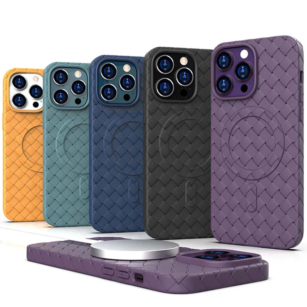 Fashion Magnetic Charge Weave Case For iPhone 16 15 14 13 12 11 Pro Max For Magsafe Thin Knit Style Soft Tpu Cover Skin