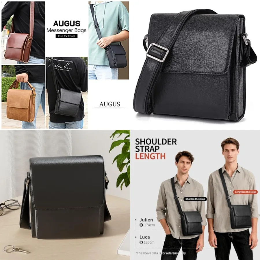 

Augus Leather Messenger Crossbody Shoulder Bag for Men Work Business Casual Adjustable straps With YKK Metal Zipper