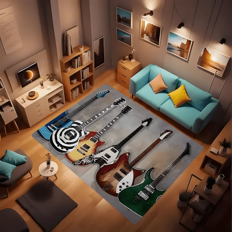 Electric Guitar Flannel Rug Rock Music Theme Floor Mat Soft Non-slip Area Carpet for Living Room Bedroom Home Decor