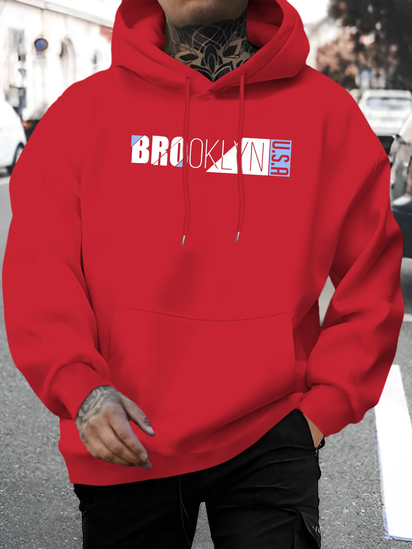 Men Brooklyn USA Letter Graphic Print Hoodie Loose Pullover Hooded Sweatshirt Casual Urban Streetwear Long Sleeve Hoodies