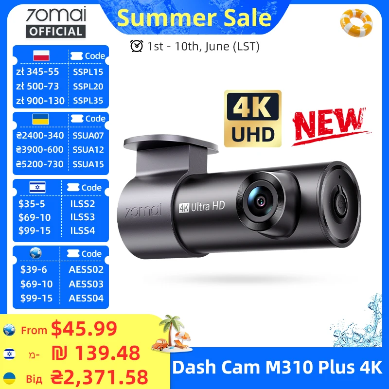 Global Version 70mai Dash Cam M310 Plus 4K True 4K 2160P WDR Voice Control Supports 24H Parking Mode Car DVR 70mai M310 PLUS 4K