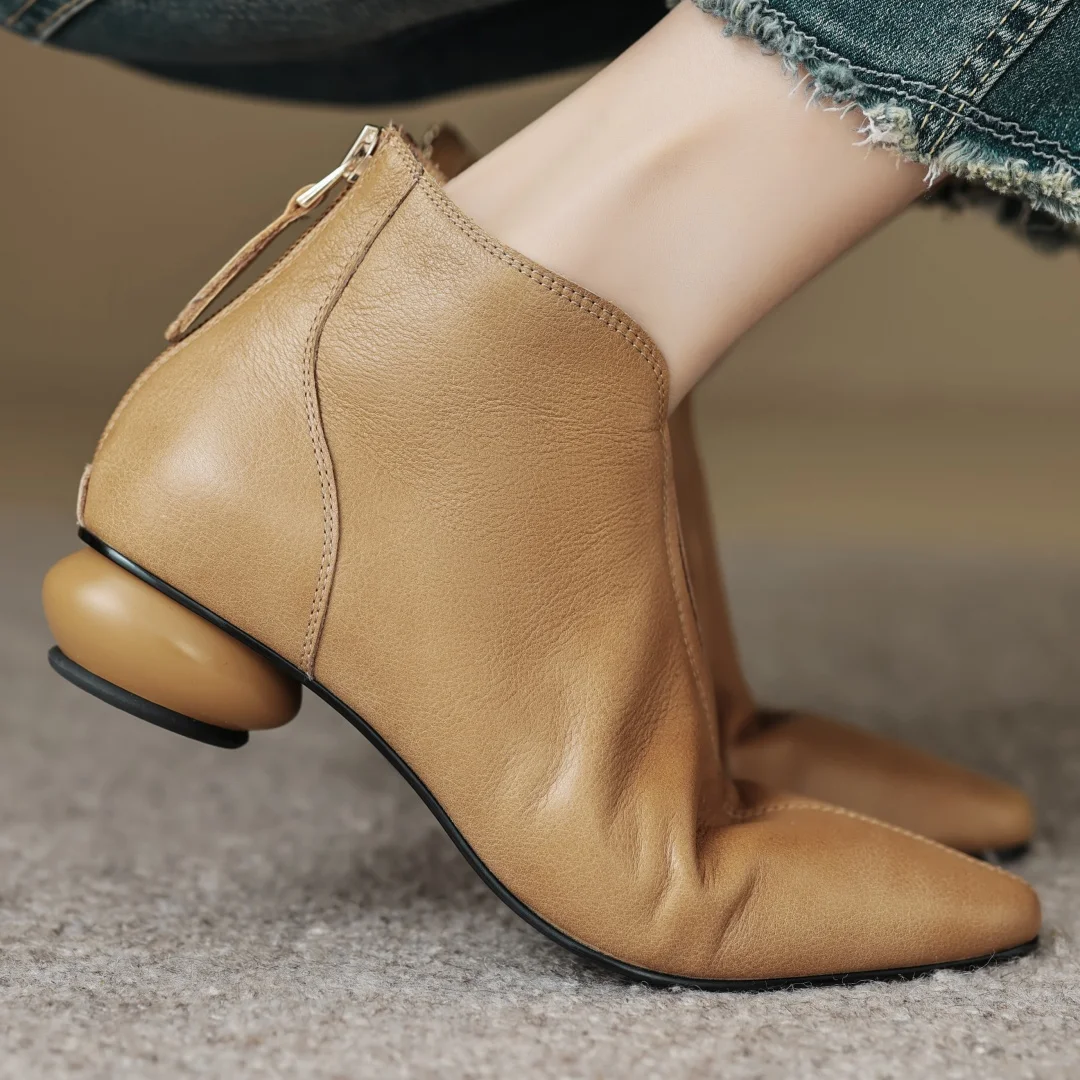 Women's cow leather back zip flats autumn ankle boots high quality soft comfortable elegant ladies slim short boots shoes woman