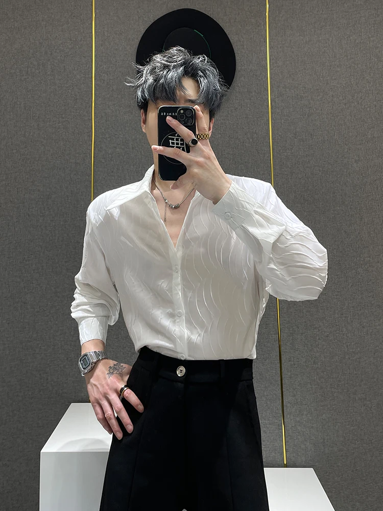 

Men's Long Sve irt oulder Pads Textured White Loose Design Sensation Summer Casual Ice Sensation Thin Model Youth