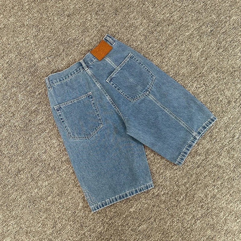 Celana Jeans Pendek Kasual Pria Wanita Model Patchwork Splicing Biru Kualitas Terbaik Bordir Logo Mertra Denim Dengan Label