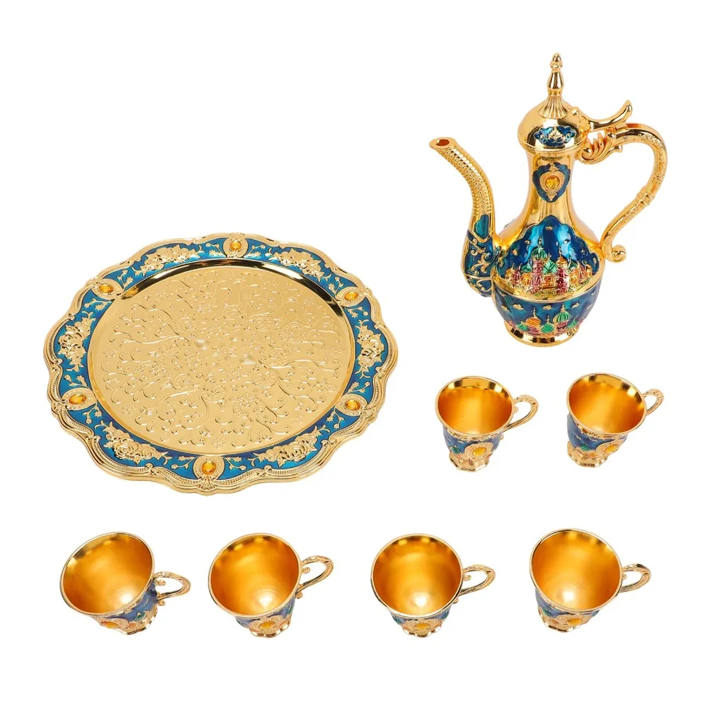 Shiny Crystal Tray Turkish Coffee Pot Set Vintage Durable Vintage Coffee Cup Set Zinc Alloy Metal Cup Set Table Decor