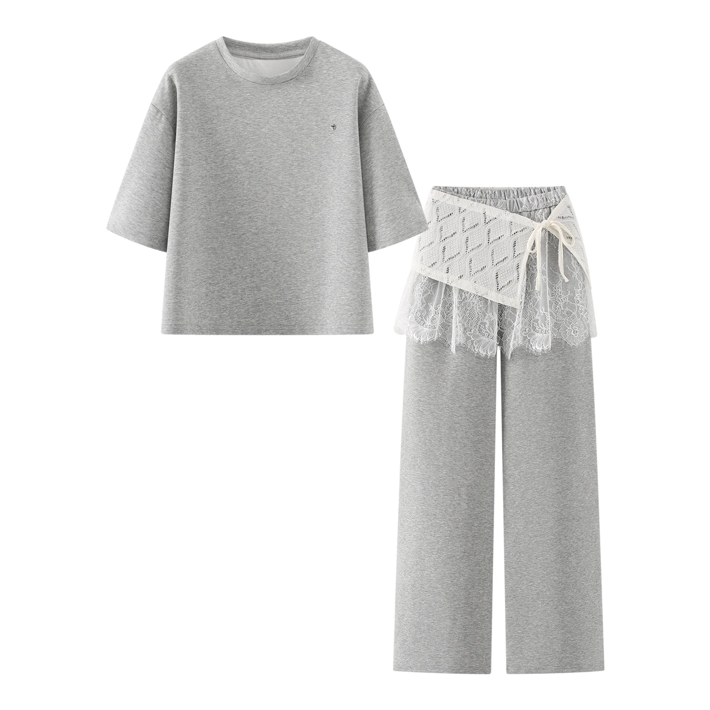 

Korean Style Lace Splice T-shirt Wide Leg Pants Two-piece Set Women's Spring Summer Slimming Casual Fashionable Ensemble