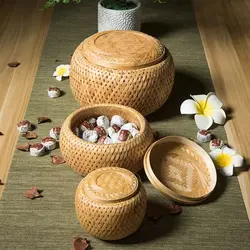 Handmade Bamboo Weave Double Layer Small Mini Storage Basket With Cover Tea Can Food Packaging Box Flower Pot