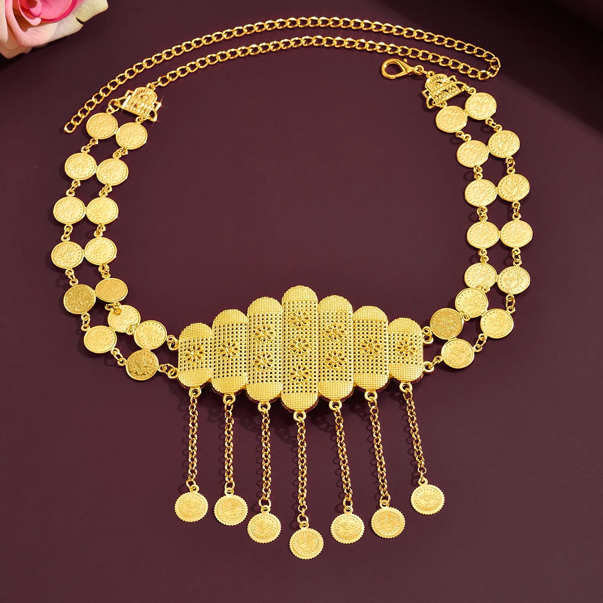 Moroccan Bridal Adjustable Belt, Arabian Vintage Hollow Carved Gold Coin Tassel Wedding Traditional Fashion Accessory