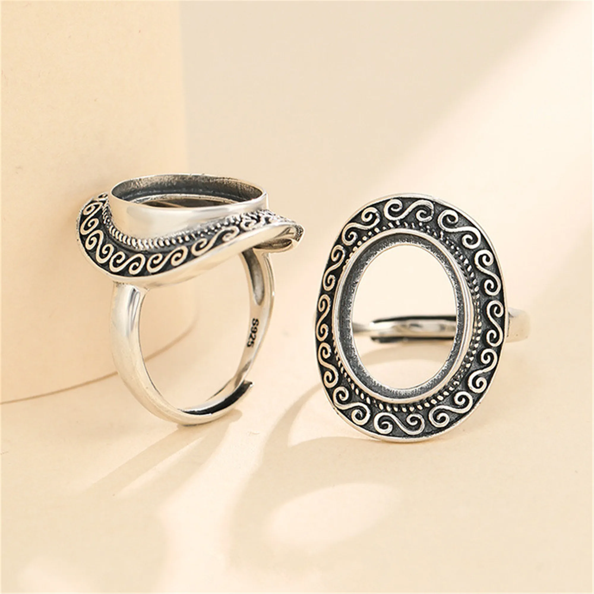 Ring Setting for 12x15mm Oval Cabochons Antique Style Thai Sterling Silver Adjustable Ring Base Ring Component SR0535