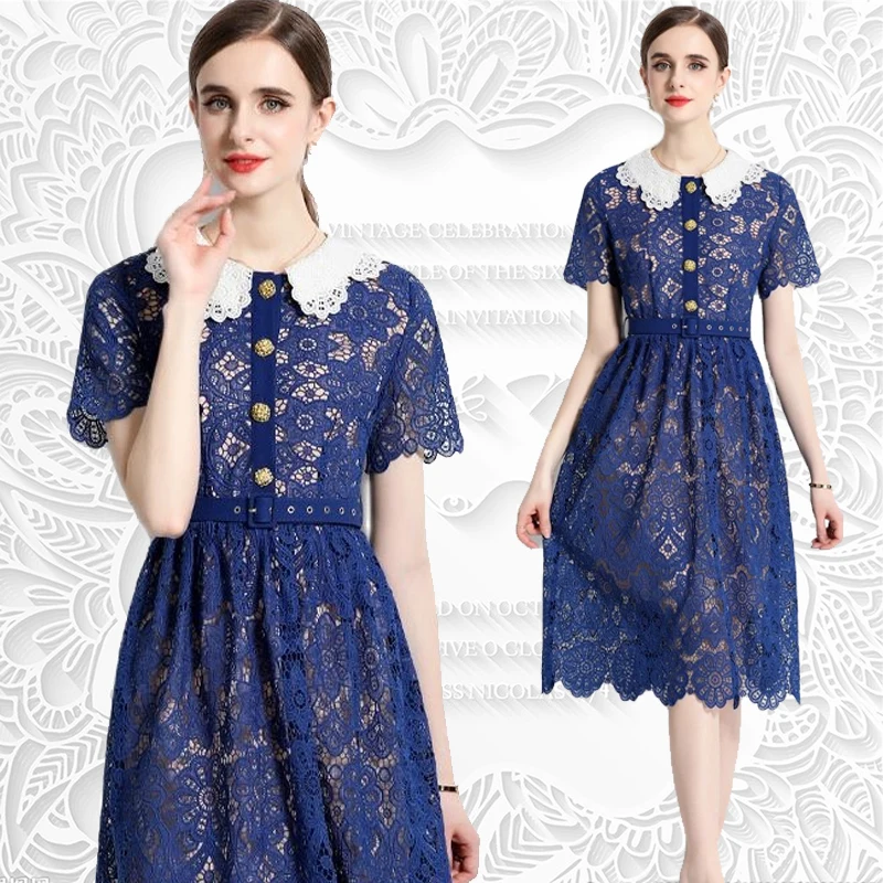 

2023 Summer New Fashion Embroidery Hollow out Lace Collar Short Sleeve Waist Wrapped High Quality Dress