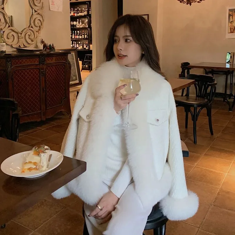 Sparkling Fur Coat for Women, 2025 Autumn/Winter New Splicing Coarse Floral Hemp Imitation Fox Fur Top, Environmentally Friendly