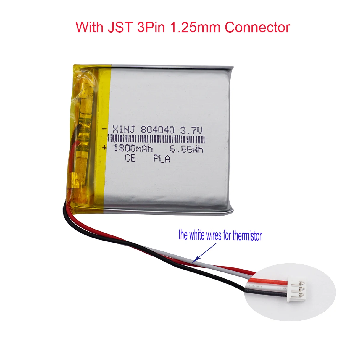 3.7V 1800mAh 6.66Wh Thermistor 3-Wires Li-Polymer Li Lithium Battery 804040 JST 3Pin 1.25mm Connector For GPS DashCam Tablet PC