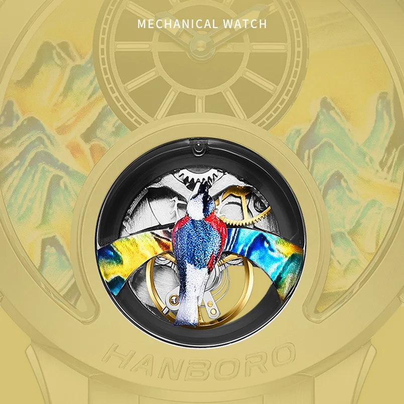 HANBORO Men Automatic Watch 43.6mm Vinatge Mechanical Wristwatch Luminous Enamel Carved Painted Mountain Skeleton Dial