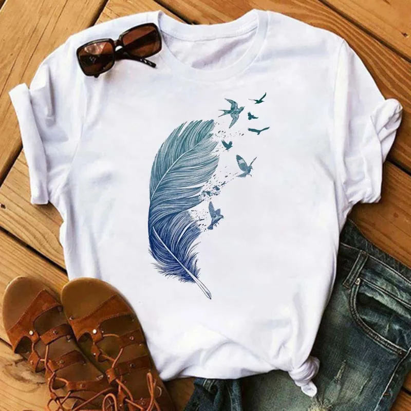 Women\'s Simple T-shirt Half Sleeve Colorful Flower Butterfly Art Feather Print Short Sleeve T-shirt Tops  Oversized T Shirt