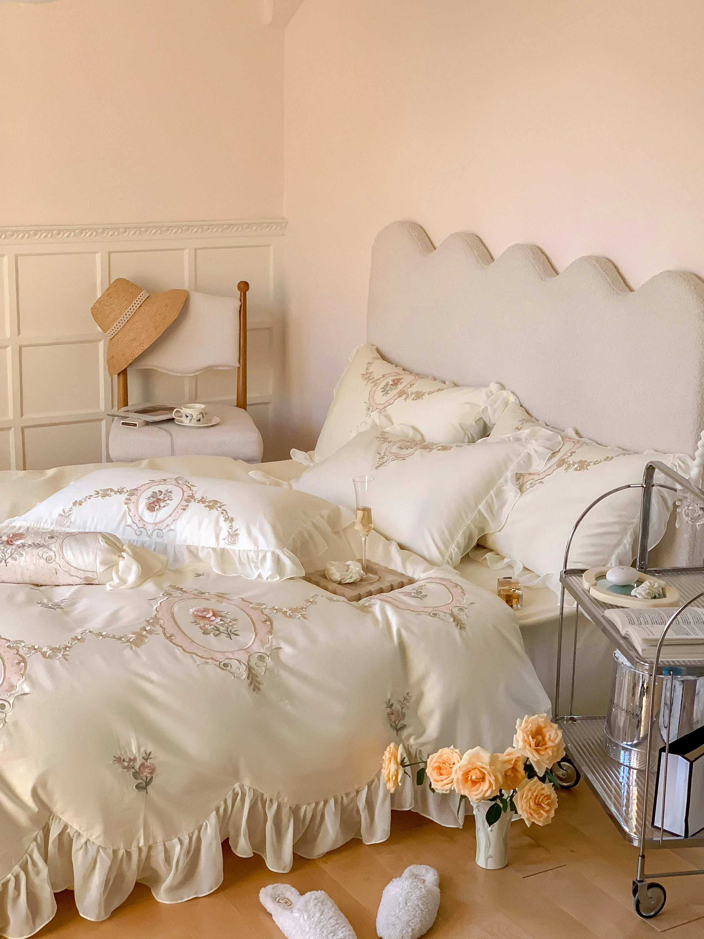 

Jasmine Manor | 100 Thread Count Cotton French Romantic Princess Four Piece Set of Pure Cotton Long staple Cotton Embroidered La