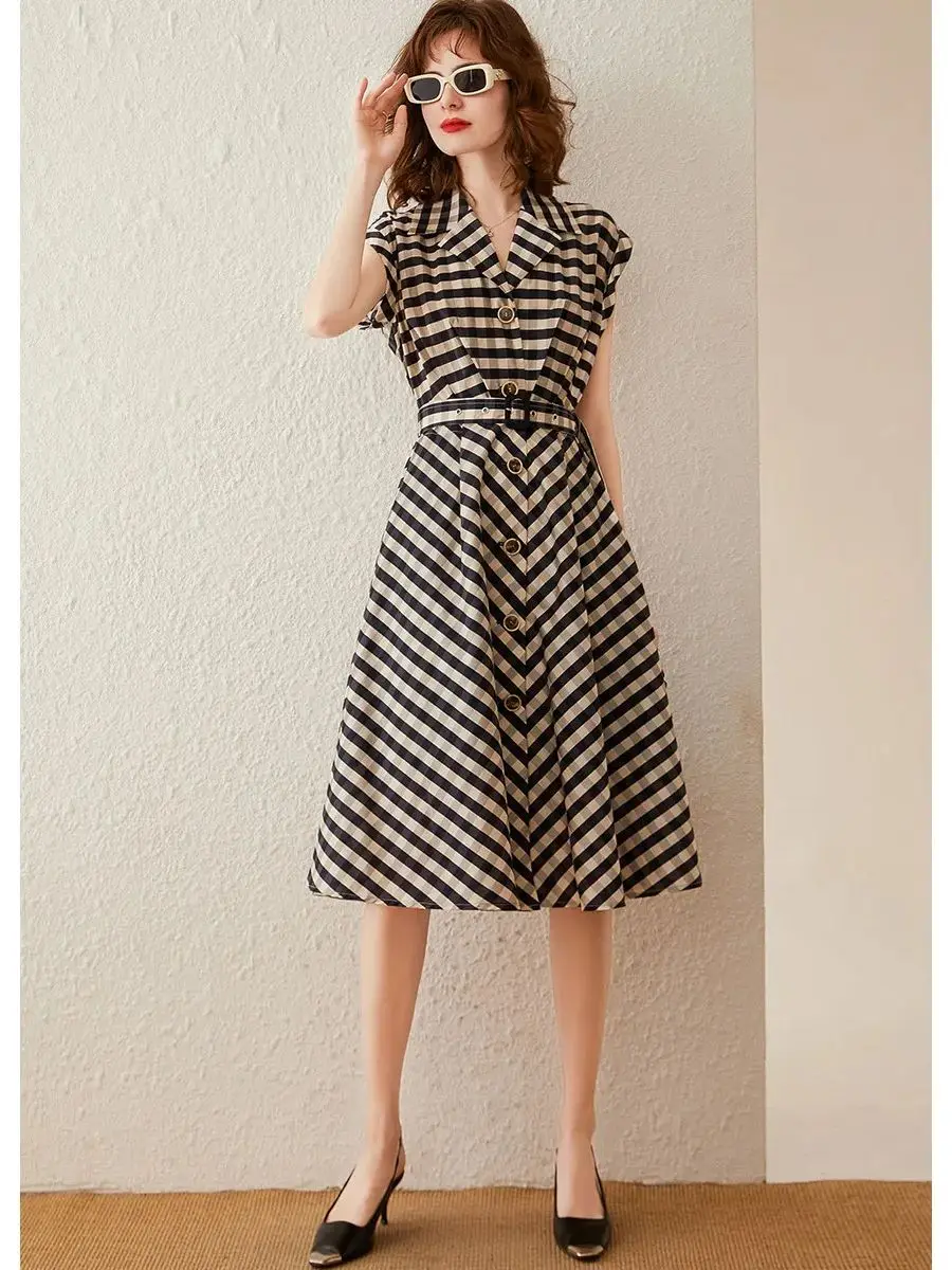 LOUIS YAO Women Dress 2024 Summer Turn Down Collar Short Sleeve Elegant Check Retro Style High Waist With Belt A-line Long Dress