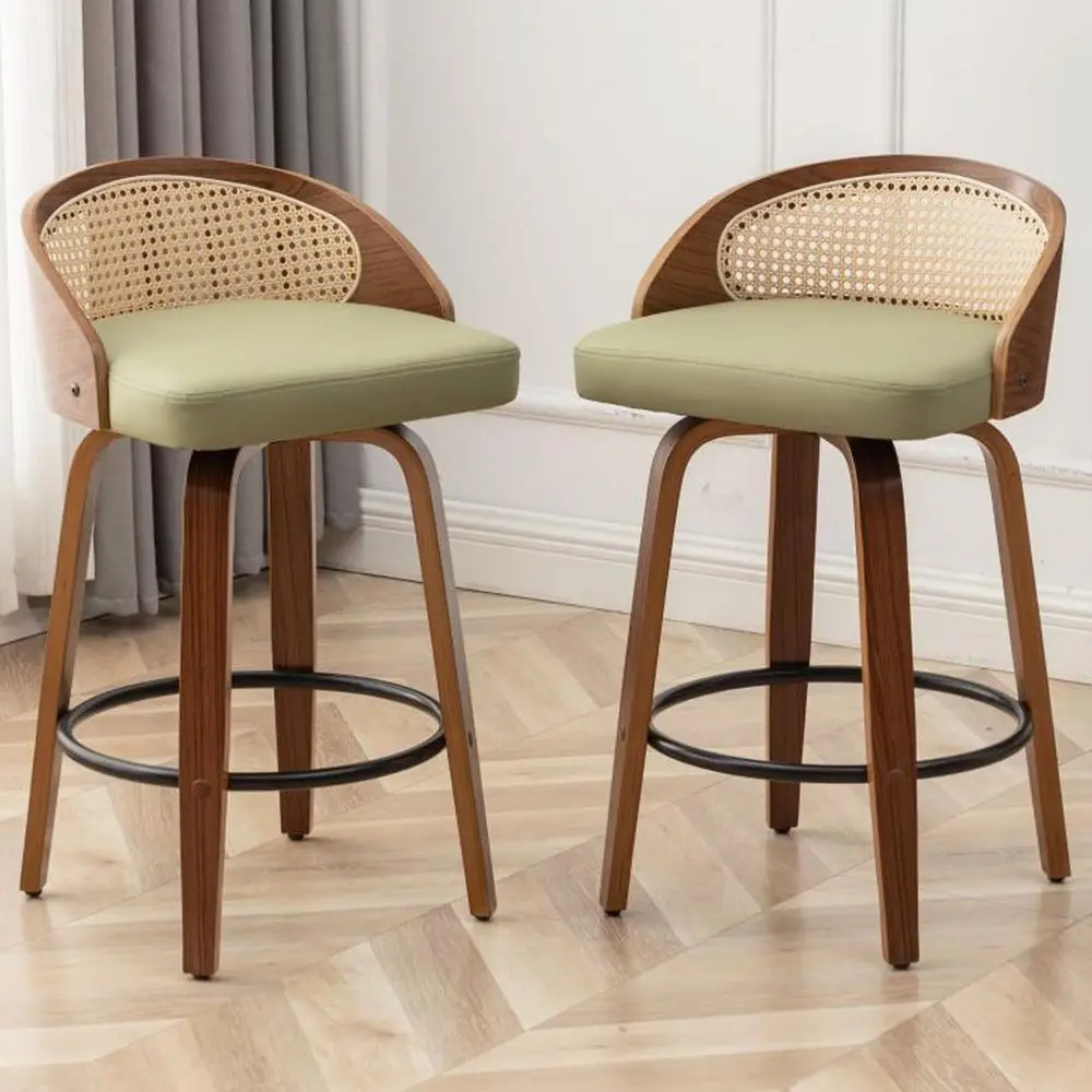 

Swivel Rattan Bar Stools Set of 2,MidCentury Modern Green Faux Leather Upholstered Counter Height Stools,Kitchen Island Barstoo