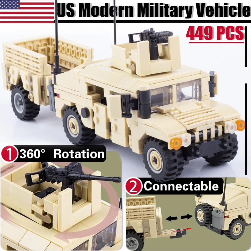 MOC US Modern Military Off-road Vehicle Building Blocks War Armored Trailer Car Hummered Carrier Weapons Bricks Toys Boys Gift