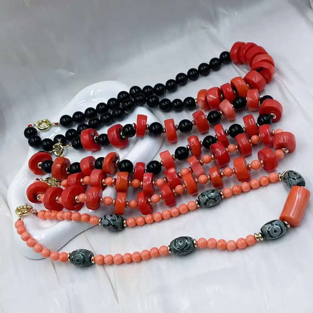 Different Style Vintage Women Africa Jewelry Punk  Black Agate Natural Sea Bamboo Orange Coral Chokers Necklace