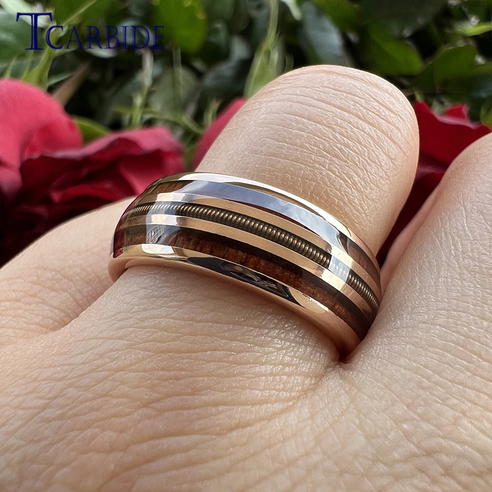 Very Nice Rose Gold Color Guitar String Ring Men Women Comfortable Tungsten Domed Wedding Band Real Wood Inlay Fashion Jewelry