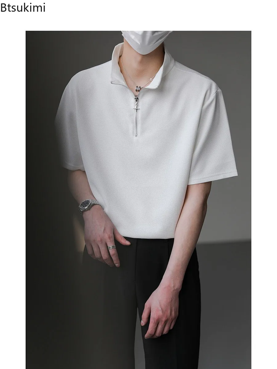 

New 2025 Men's Summer Solid Waffle T-shirts Fashion Half Zipper Stand Collar Pullover Tops High-end Business Casual Polo Shirts