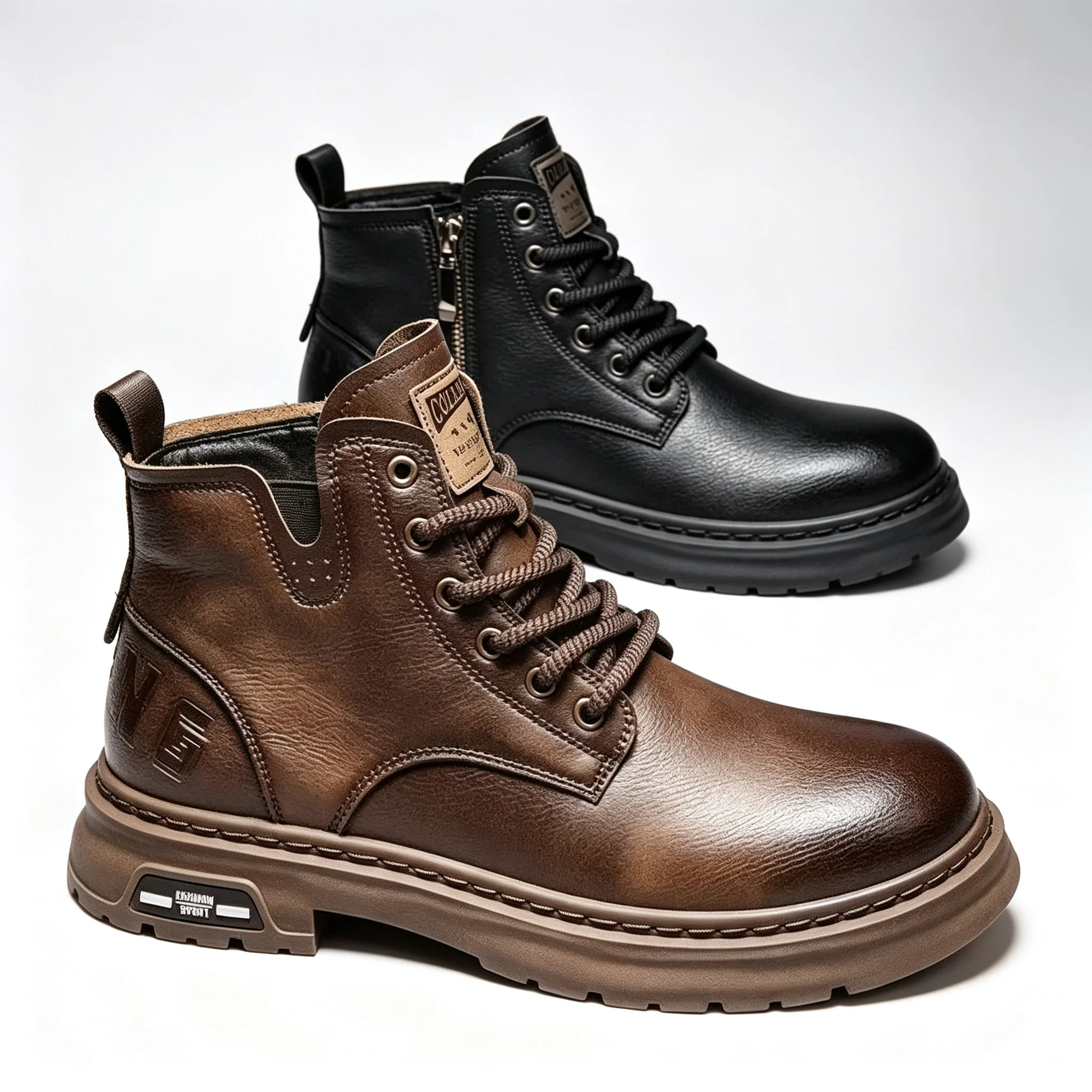 Men High‑top Ankle Boots Faux Leather Lace‑up Side Zipper Thick Platform Non‑slip Sole Winter Warm Plush Lined Casual Work Shoes