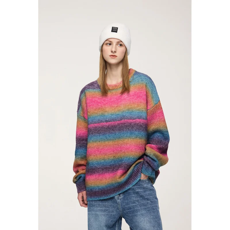 Gradient Contrasting Color Striped Sweater Men's and Women's Autumn and Winter Fashion Street Lazy Couple round Neck Warm Top