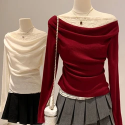 Red lace one neck off shoulder T-Shirts long sleeved women's Tees autumn and winter Vintage new style interior elegant Tops