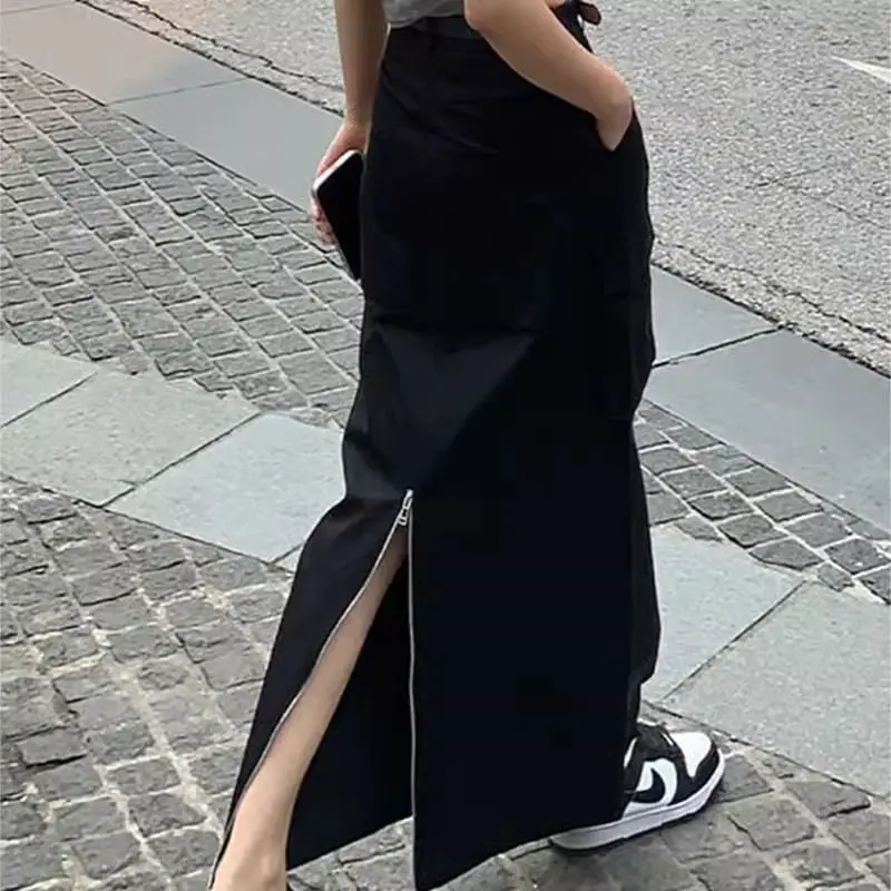 Black Frock Skirt Female 2025 Spring and Summer High Waist Slim Split A-shaped Long Skirt
