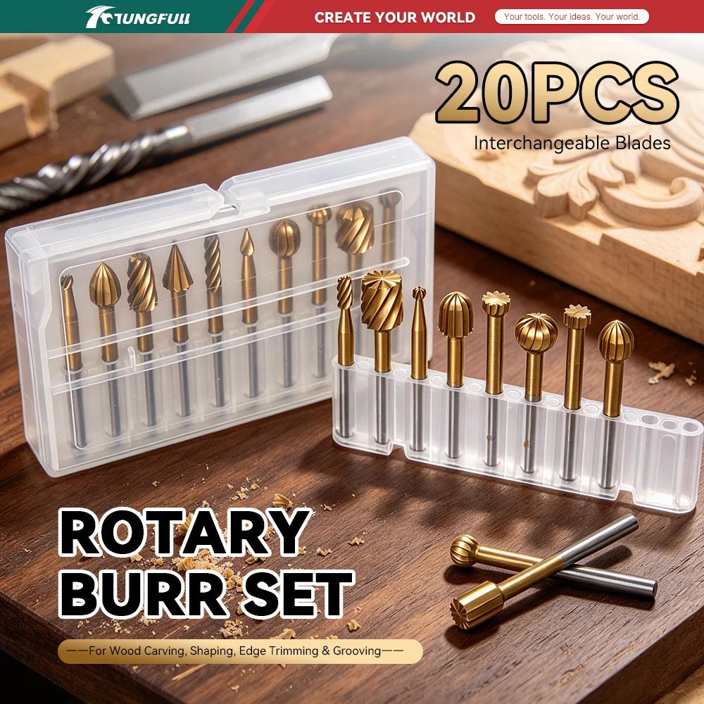 20Pcs HSS Titanium Coated Rotary File Burr Set 3.175mm Shank Wood Carving Milling Cutter Engraving Grinding Bits for Dremel