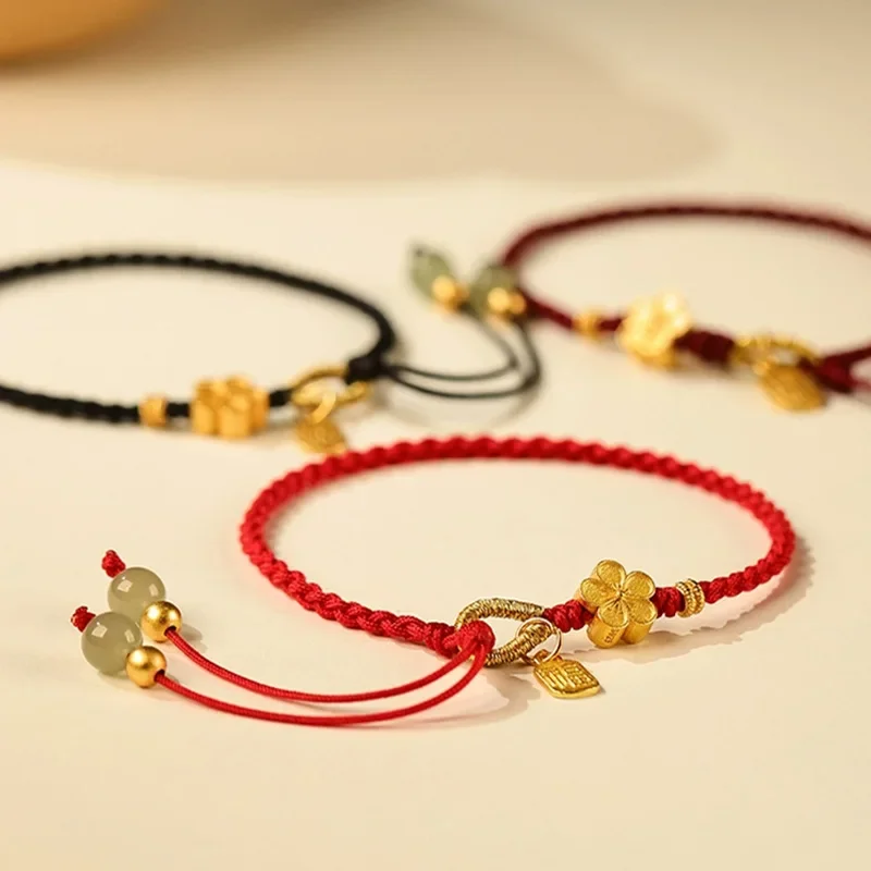 Chinese Style Hand-Woven Red Rope Bracelets for Women 2026 Peach Blossom Charms Jewelry Girls Gifts