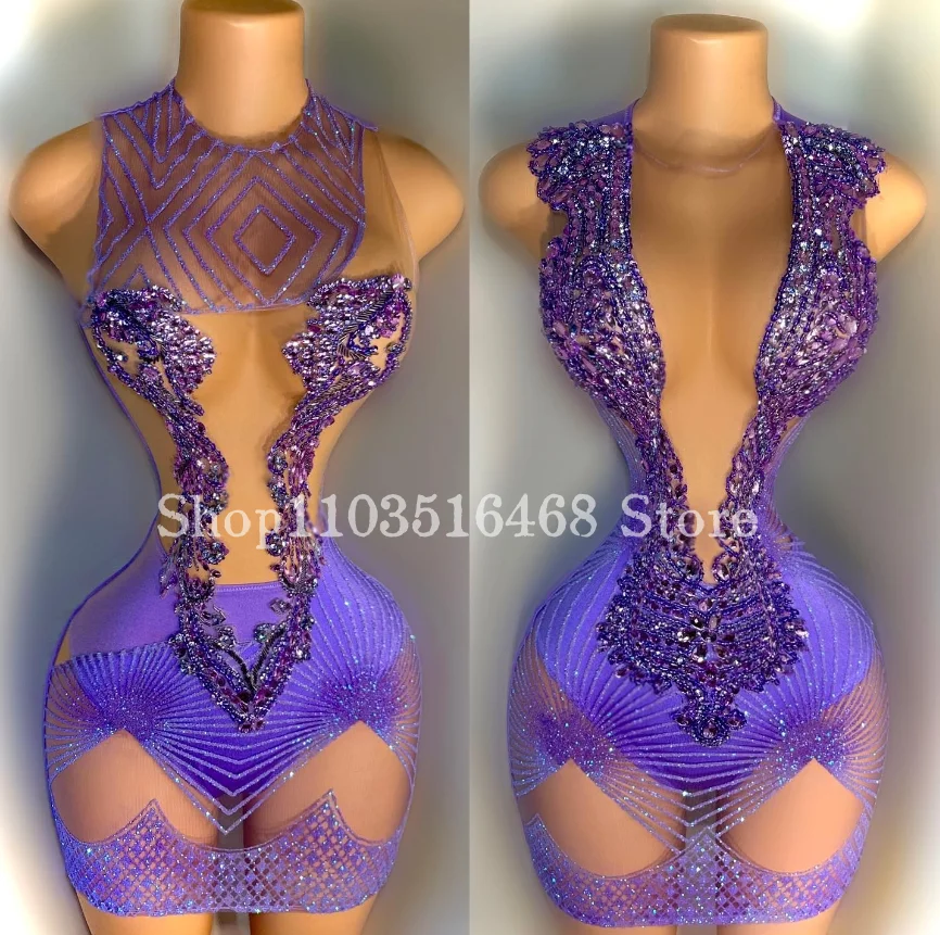 Luxury Purple Short Cocktail Dress 2024 For Women Dazzling Sexy Crystal Rhinestone Beaded Sheer Birthday Party Prom Dress