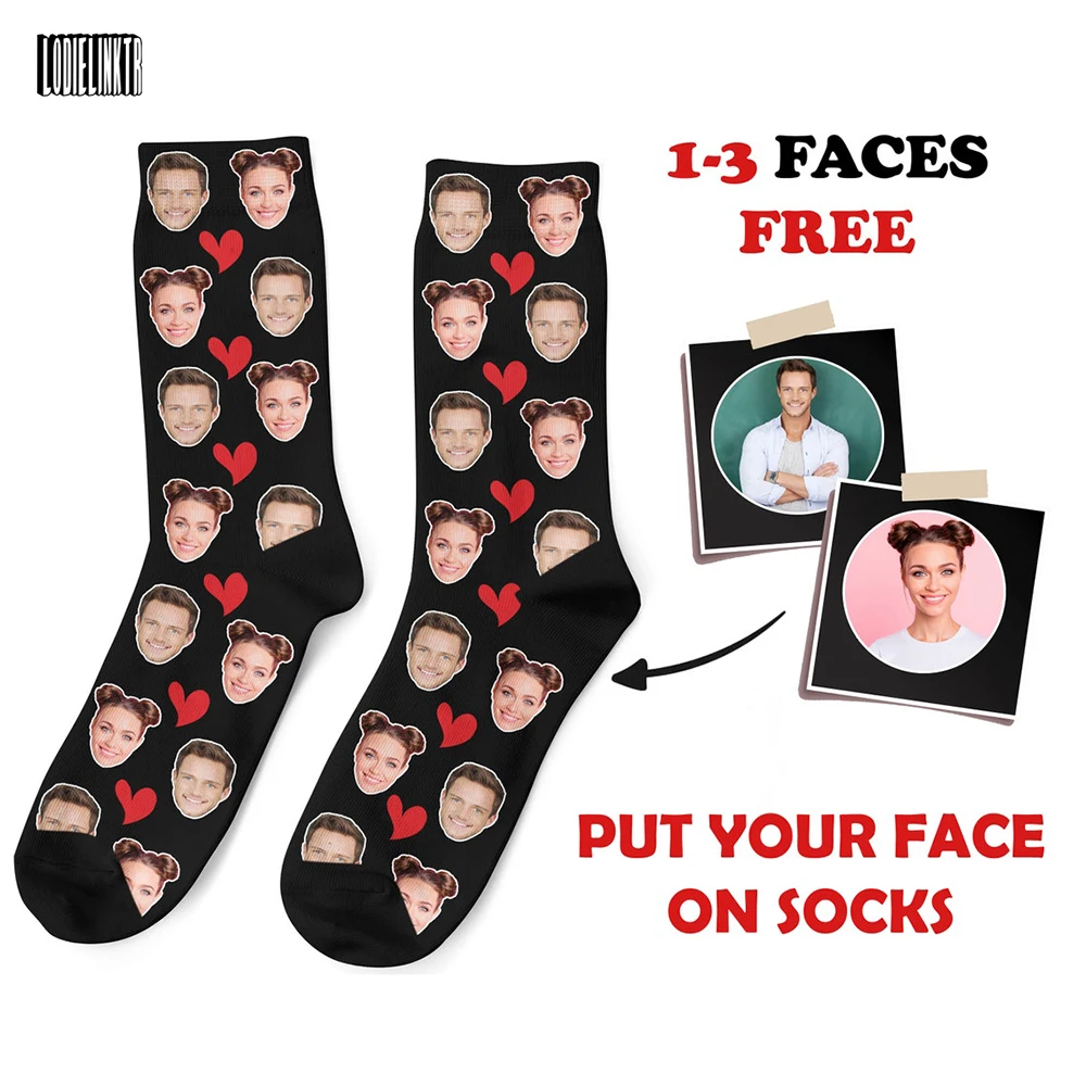 3D Printing Custom Heart Face Socks Women 46cm Cotton Animal Cat Puppy Children\'s Face Personality Birthday Christmas Gift Socks